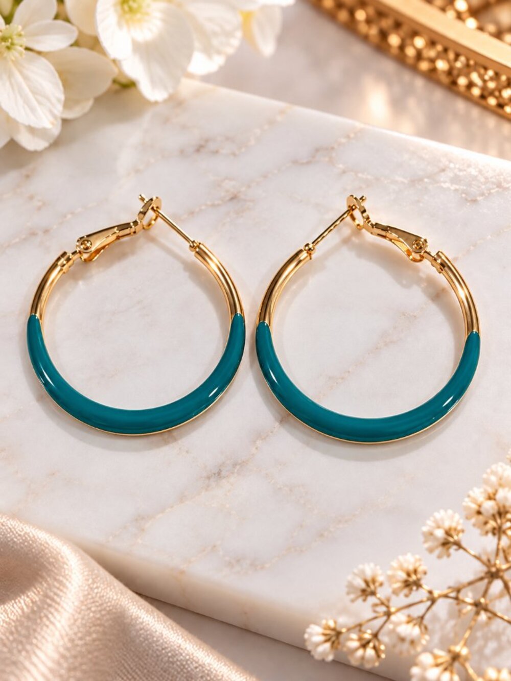 Gold Tone Teal Enamel Accent Hoop Earrings Statement Women's Fashion Jewelry